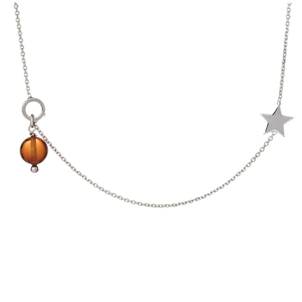 Les Trésors De Lily [R5546] - Handmade Silver Necklace 'Inspiration' Cognac Amber - 7 Mm Star - 5 Mm Pearl