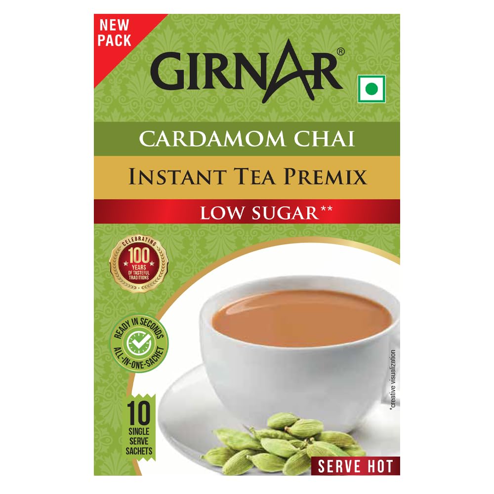 Girnar Мгновенная смесь для чая с кардамоном Низкое содержание сахара 10 пакетиков Ассам Без кофеина Освежающий напиток