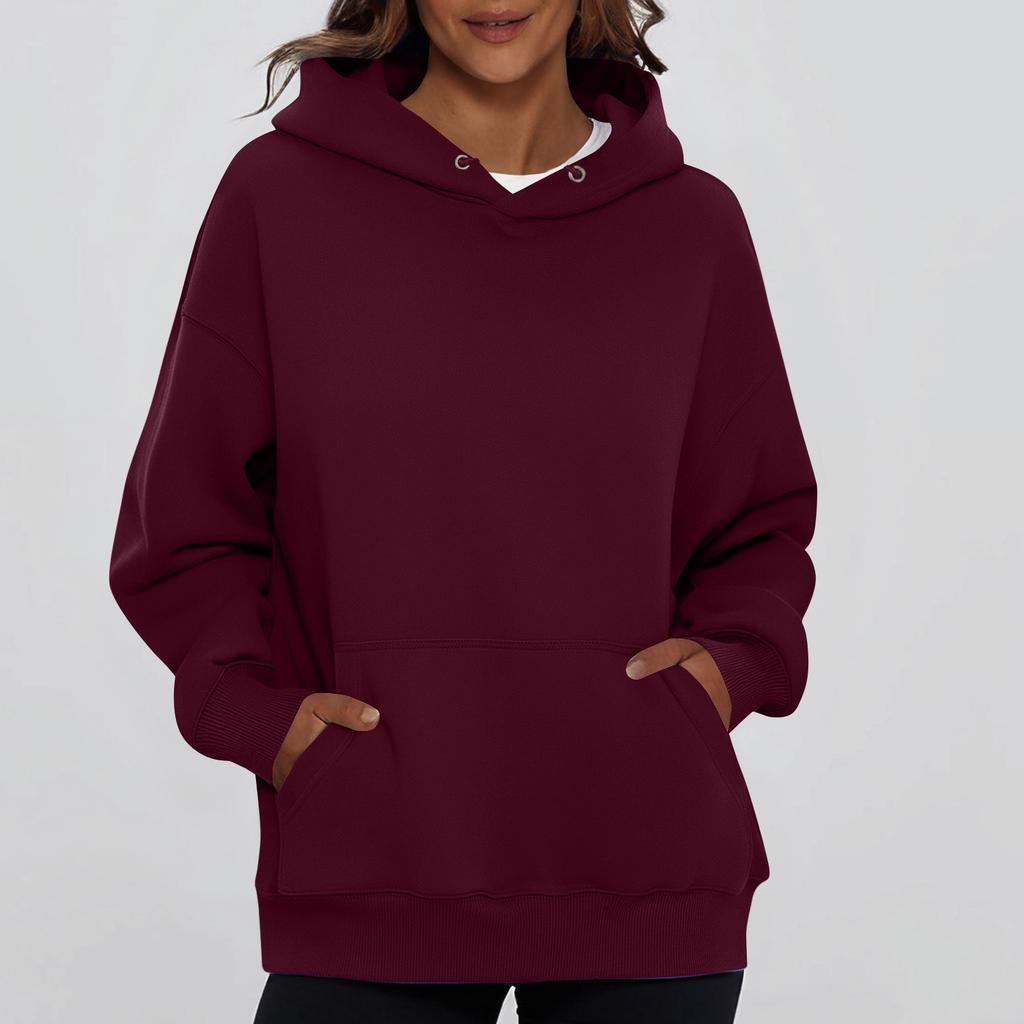Ladies' Fashionable Solid Color Casual Hooded Pocket Long Sleeved Sweatshirt