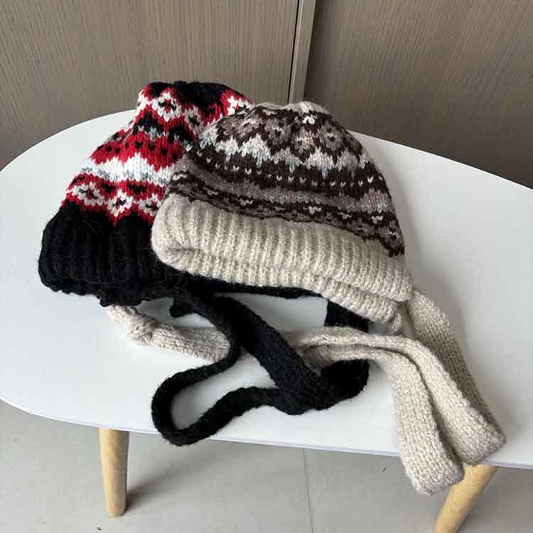 Fair Island style knitted wool hat children's winter new lazy straps stacking hat thermal ear protection bag head