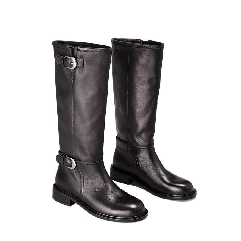2025 новый оригинальный дизайн ретро металлическая пряжка круглый носок длинный голенище ботфорты на толстом каблуке рыцарский тренд ботинки средней длины
