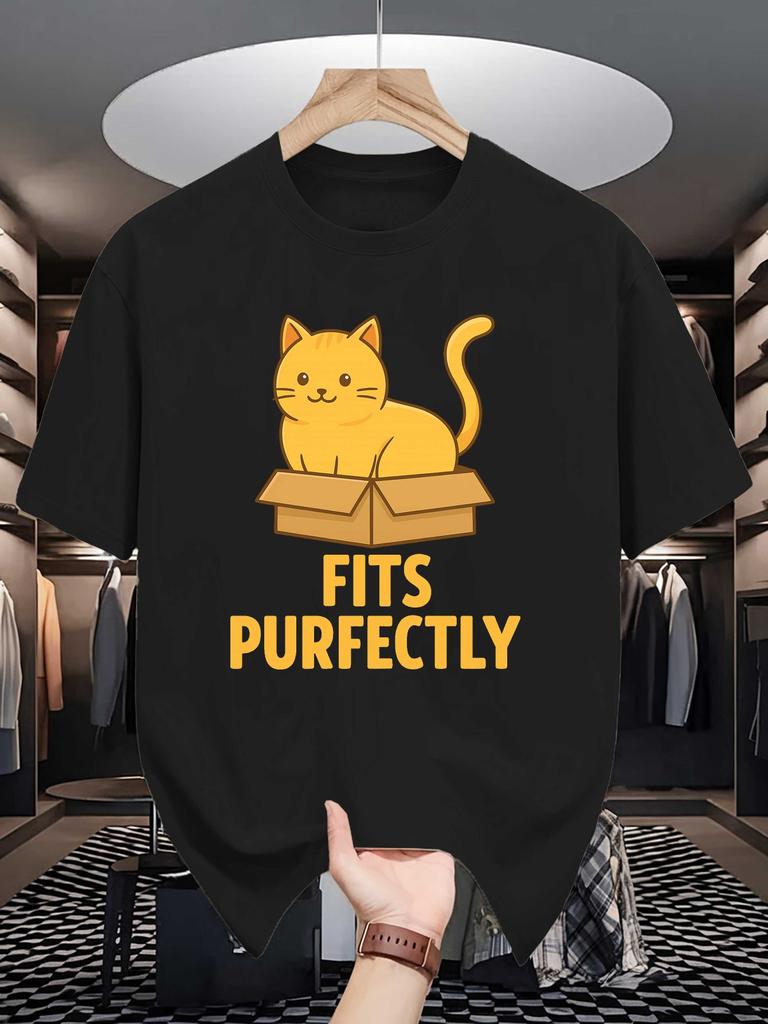 Unisex Soft Cotton Tee Cute Cat In Box Fits Purfectly Print Loose Breathable Summer Crew Neck Casual Street T Shirt Unisex Daily Wear
