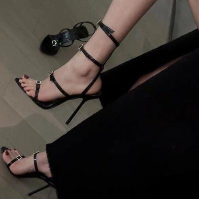 Ins Черные остроносые туфли с открытым носком и стразами на высоком каблуке в римском стиле на изящном каблуке Niche Sexy Fashion Buckle Sandals