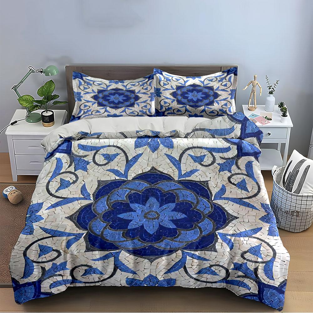 Blue Floral Mosaic Pattern Bedding Duvet Cover Set Duvet Cover Pillowcases (1*Duvet Cover 2*Pillowcases, without duvet insert)