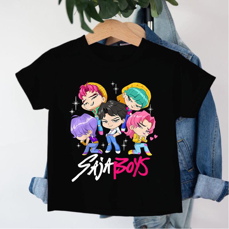 Новая 2026 K-Pop Футболка с мультяшными мальчиками Demon Hunters Saja с круглым вырезом, с принтом, модный повседневный топ, детская футболка, детская одежда
