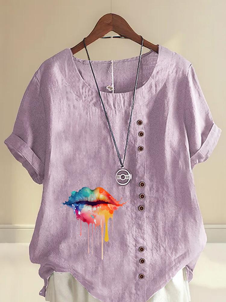 Women's Fashion Colorful Lips Print Shot Sleeve T-shirt Loose Cotton Shirt Casual Loose Summer Blouse Tops Plus Size