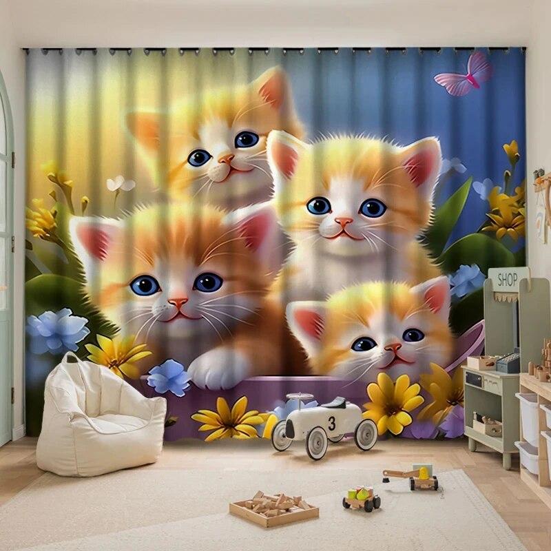 Плотные шторы с милым котом, детская комната, эркер, окно от пола до потолка, простая установка, затенение, тепло, различные узоры