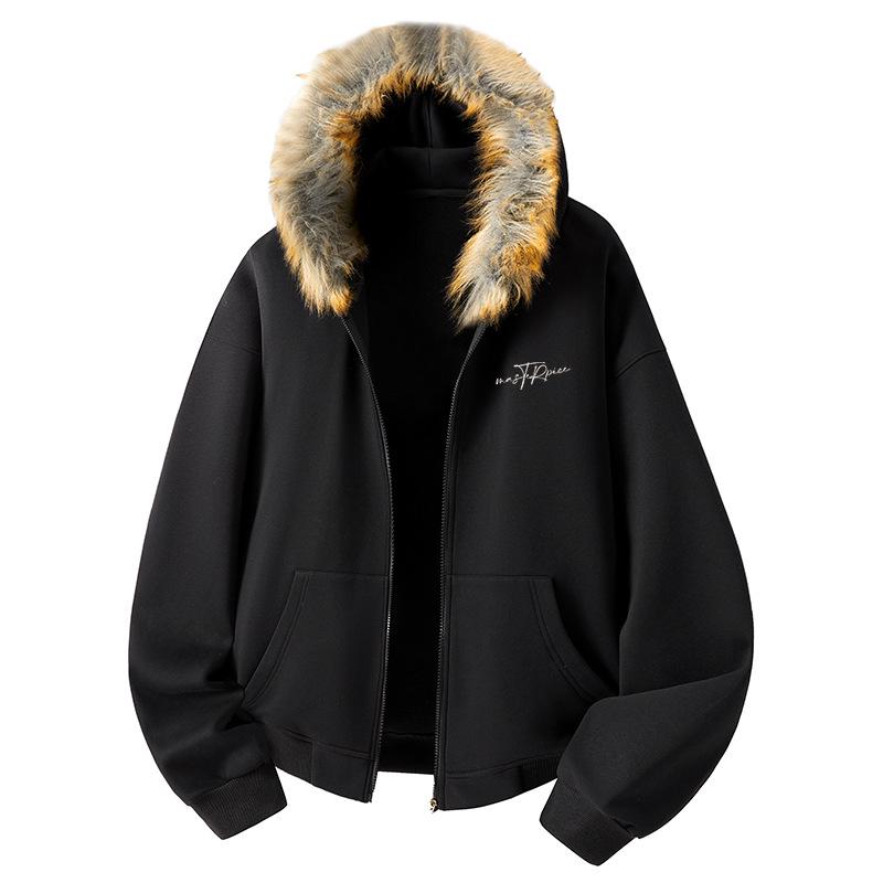 Retro Loose Fit Hoodie with Fur Collar - Unisex Fleece Outerwear for Autumn and Winter