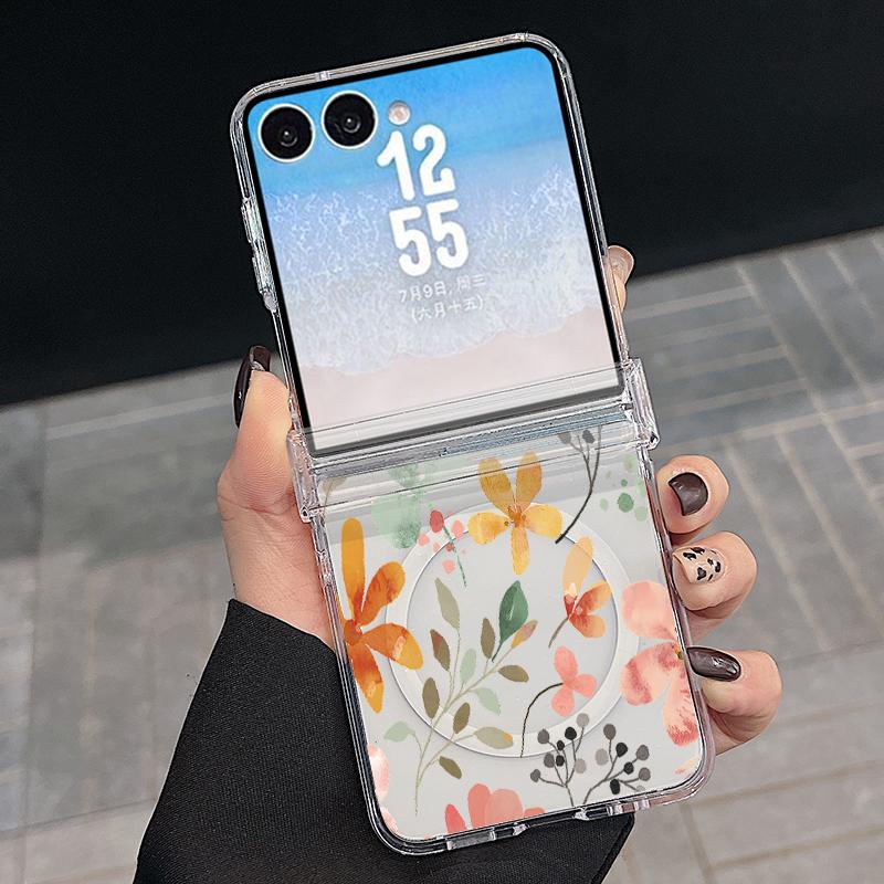 Чехол с принтом «Роскошные цветы» для Samsung Galaxy Z Flip 8 7 FE 6 5 Z Flip8 Flip7 Flip6 Магнитный Прозрачный Жесткий ПК Складной Чехол для Телефона