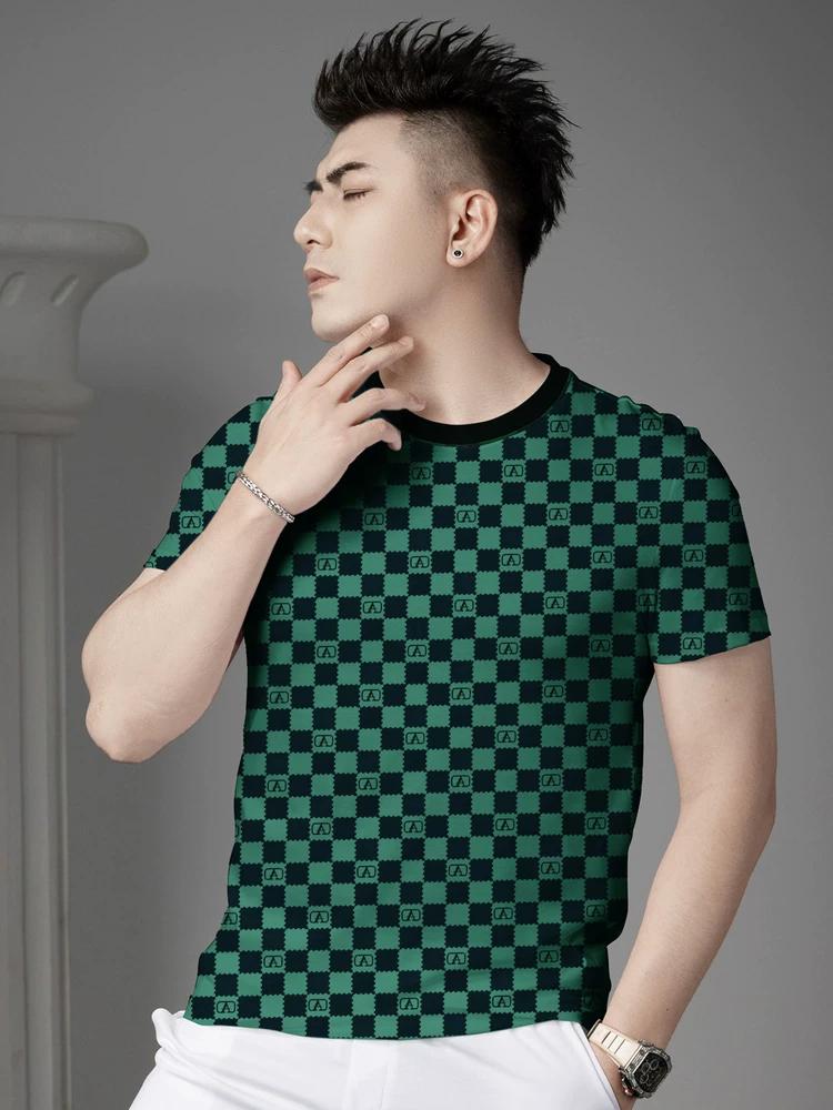 European Goods 2025 Summer New Men's Plaid Printed Short-Sleeved T-Shirt Trendy Brand Casual Round-Neck Top Half-Sleeved T-Shirt
