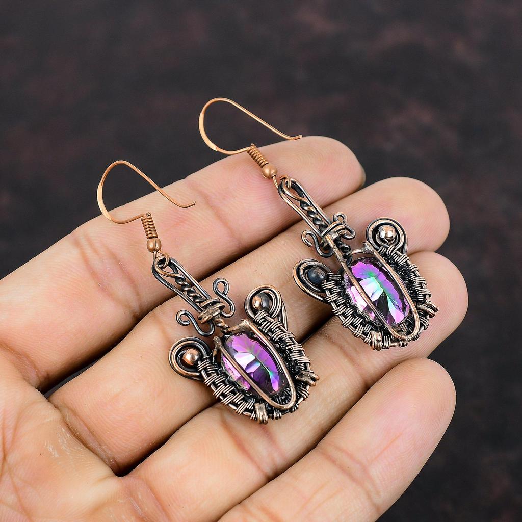 Серьги с граненым радужным мистическим топазом, серьги с драгоценными камнями в медной обертке, серьги из медных украшений ручной работы, серьги с камнями по рождению, подарок для женщин