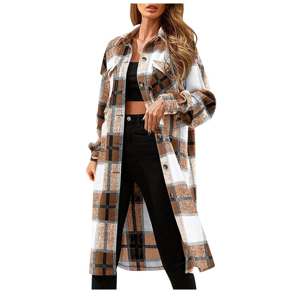 Fashion Women's Casual Loose Grinding Wool Plush Plaid Long-sleeved Jacket Overcoat