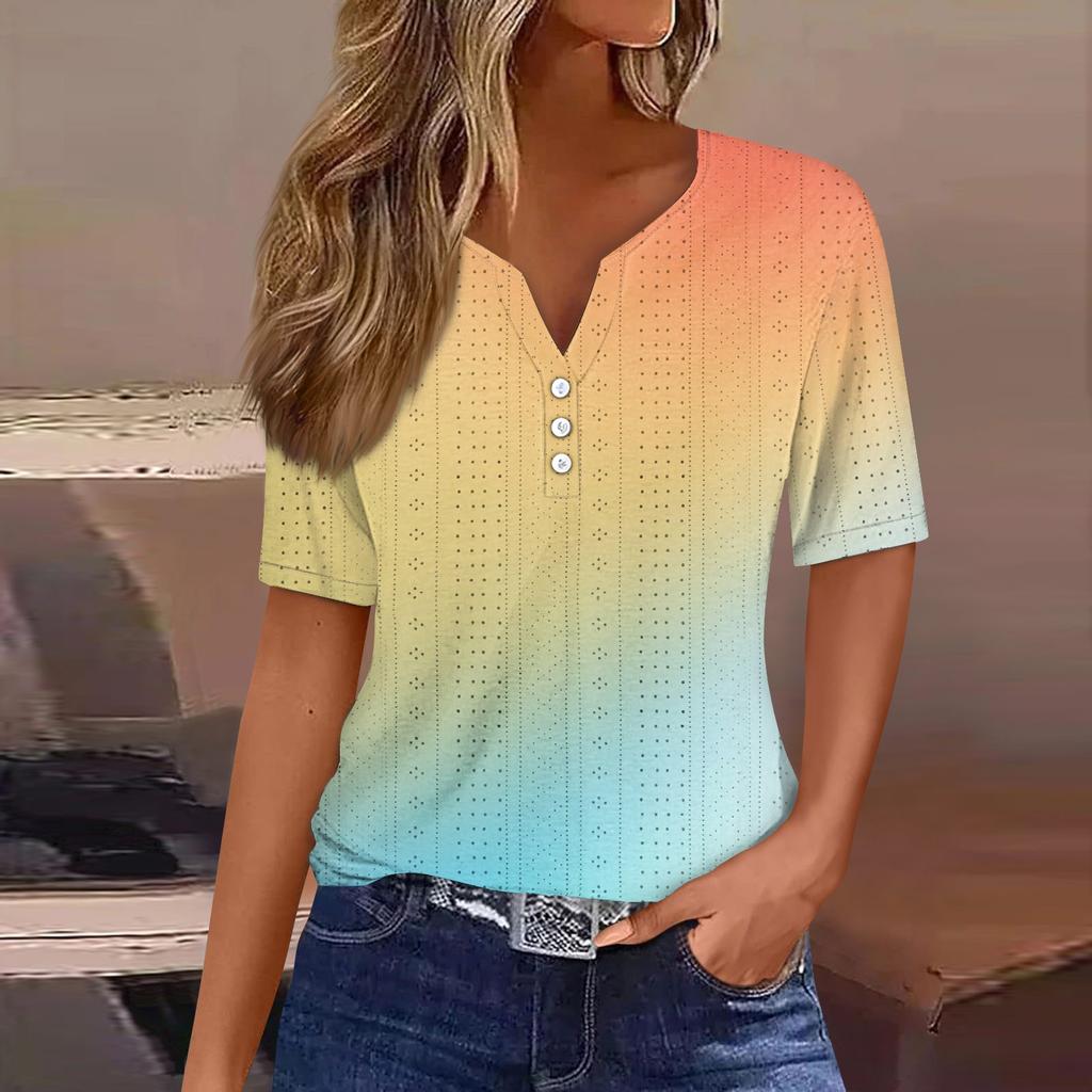 Женская повседневная футболка с v-образным вырезом и короткими рукавами, декоративная футболка на пуговицах, топ