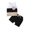 Baby Boys 2PCS Pants Suit, Sleeveless Patchwork Crew Tank Tees + White Straps Short Pants, Toddler Boys Casual Outfit