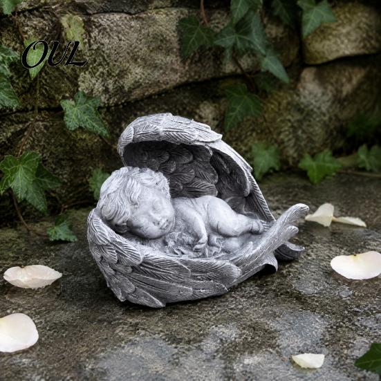 Grief Remembrance Gift Sleeping Guardian Angel Figurine, Resin Baby Statue in Wings, Memorial Outdoor Tombstone Ornament Cherub Decor for Table