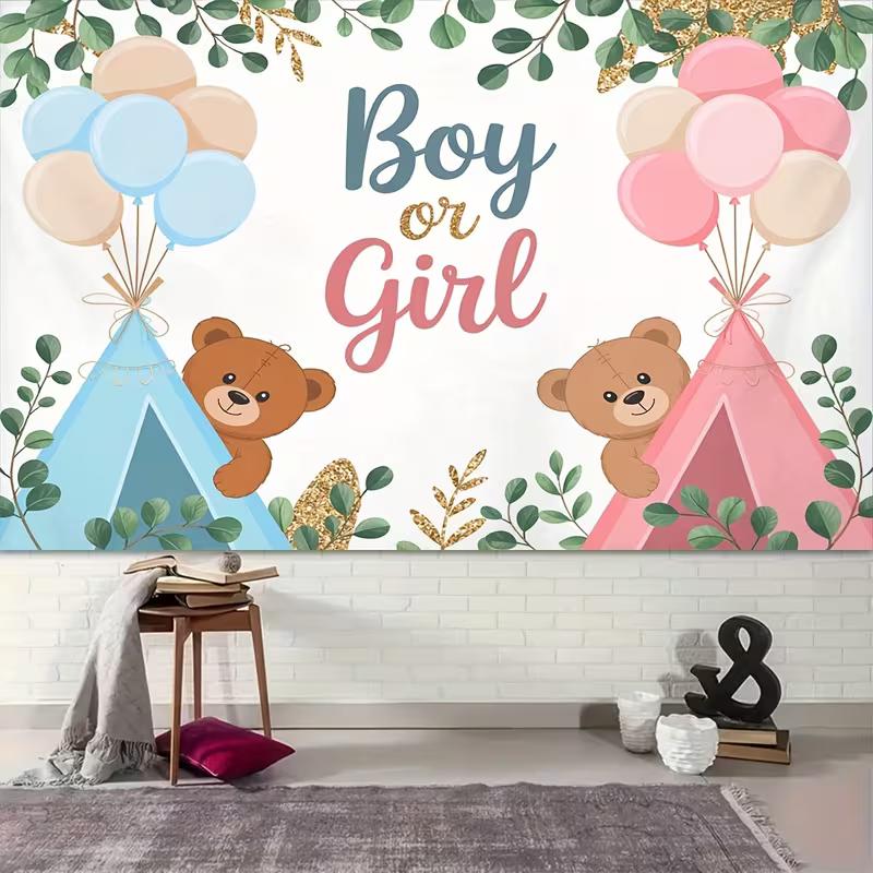 2D Boy or Girl Gender Reveal Backdrop Teddy Bear Photography Background Banner