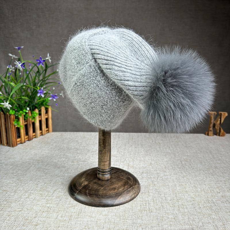 Korean Version Fox Fur Ball Knitted Hat Versatile Ear Protection Thickened Angora Rabbit Fur Flanked Plush Woolen Hat Trendy