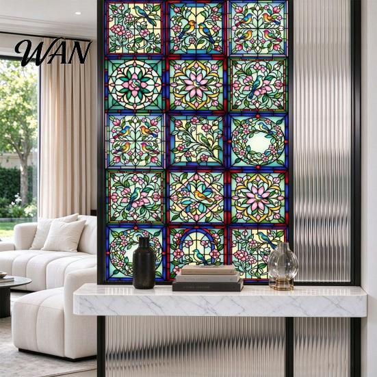 Easy Install Window Film Vintage Stained Glass Sticker, Static Privacy Film, Decorative Customizable Sticker Geometric Pattern for Bathroom Doors and