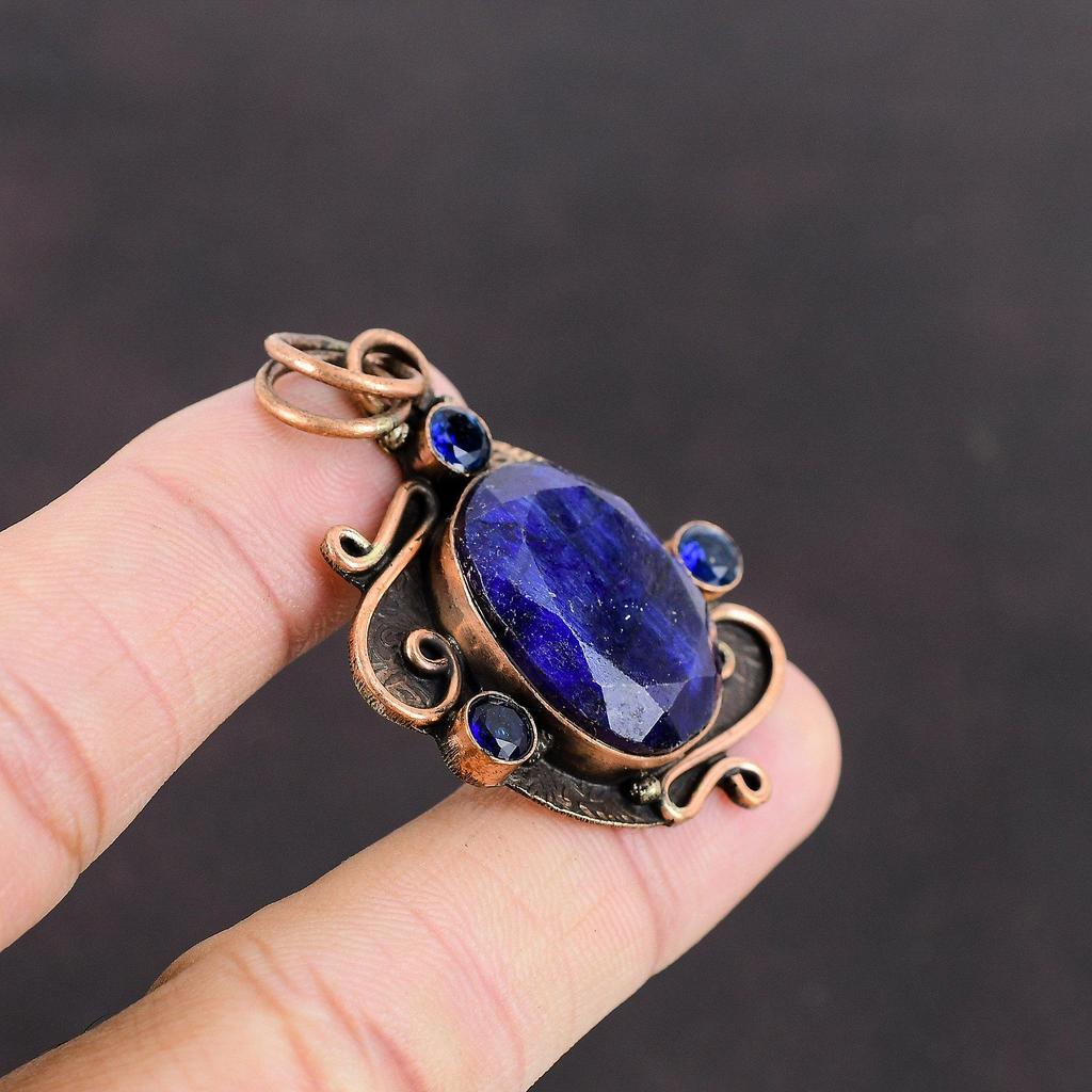 Ограненный Синий Сапфир Кулон Танзанит Кварц Кулон Медный Кулон Ювелирные Изделия Из Натурального Драгоценного Камня Кулон Ручной Работы Уникальные Медные Ювелирные Изделия Для Подарка