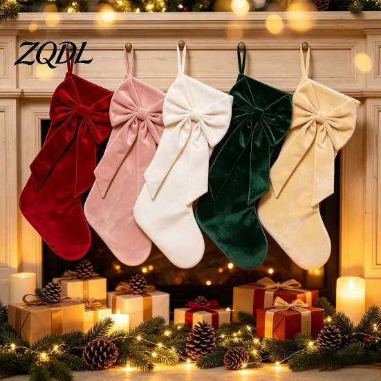 Soft Furnishing Winter Decor Velvet Christmas Stockings with Decorative Bow, Large Xmas Hanging Festive Holiday Party Supplies Socks for Fireplace,