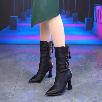 Модные женские полусапоги на элегантном каблуке с острым носком, осенне-зимние, на флисовой подкладке, женские ботинки до середины икры, кожаные, готические, новинки в обуви