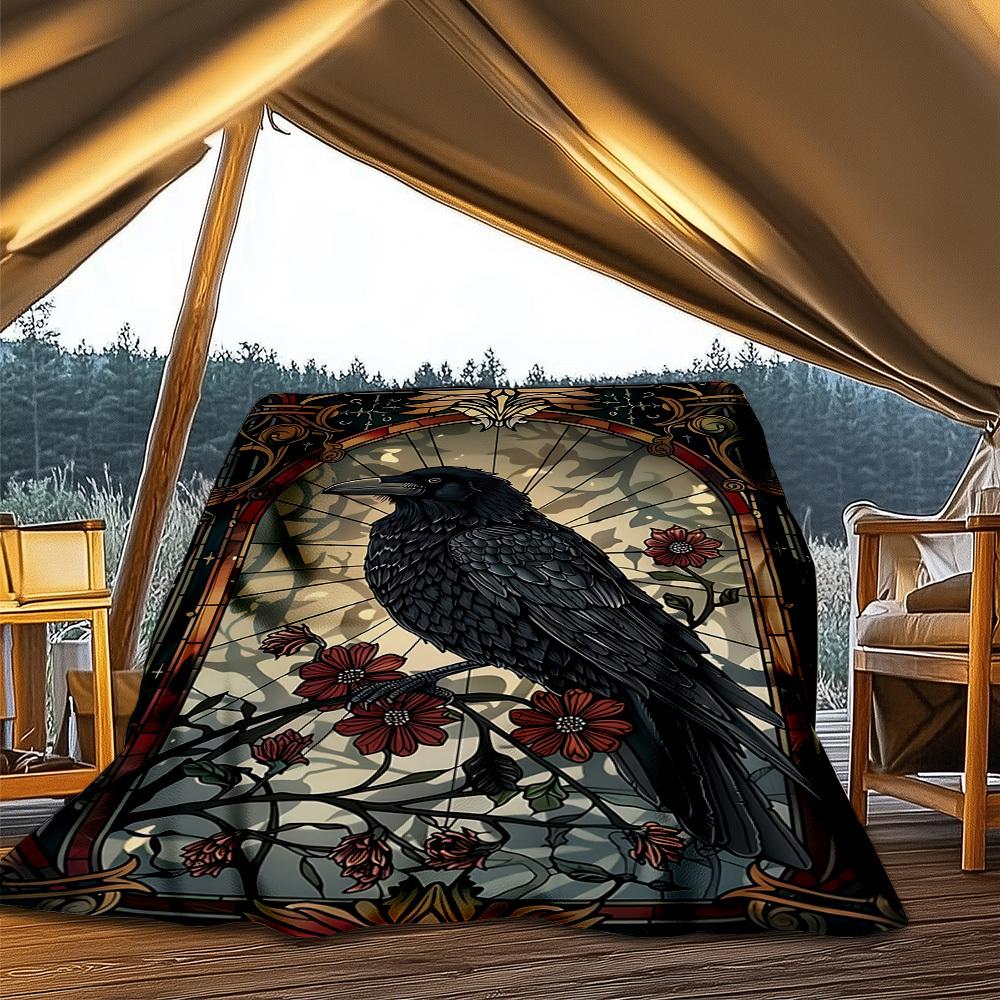 1pc Stained Glass Raven Throw Blanket Polyester Fiber, Lightweight Flannel, Soft & Warm, All Season Use for Outdoor, Camping Digital Print