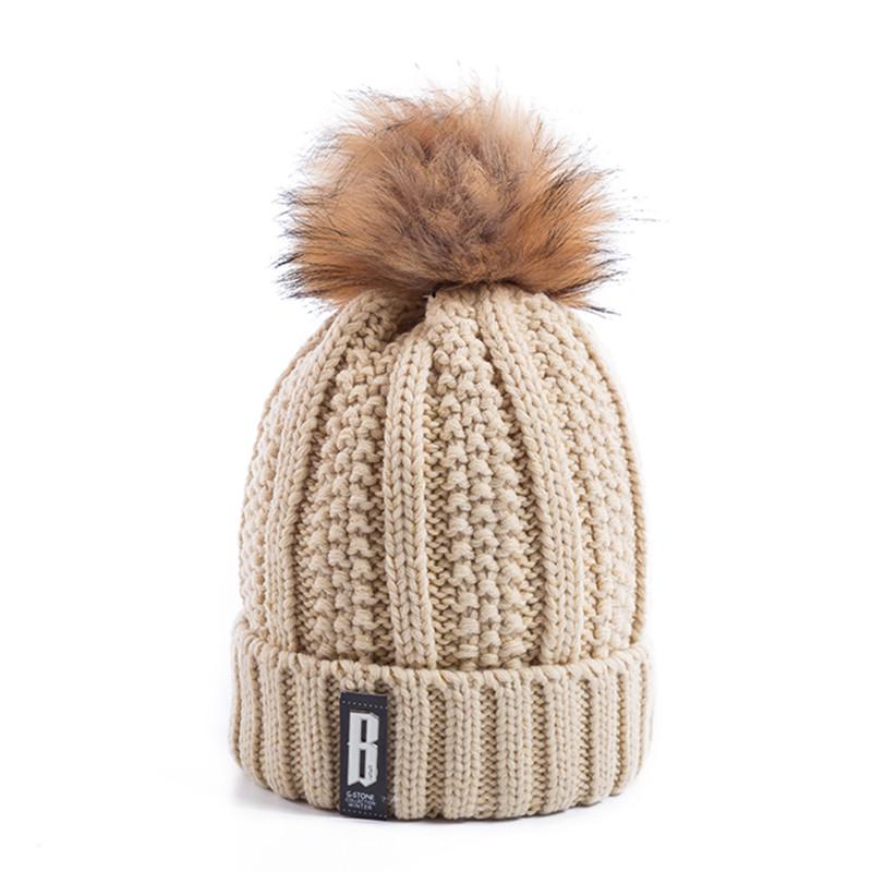 High Quality Letter B Cotton Beanies Wool Fur Pompom Winter Hat For Women Girls Warm Knitted Hat