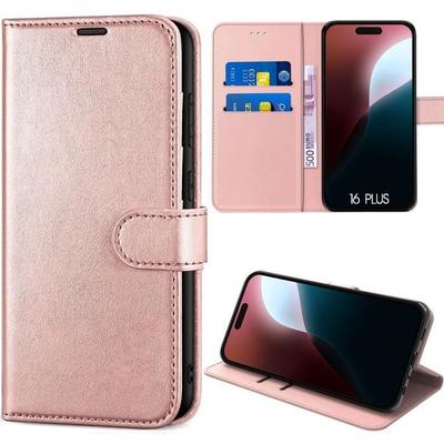 Чехол для iPhone 16 Plus - БРЕНД - Книжка из ПУ-кожи Розовый - Складная подставка - Картхолдер - Полужесткий