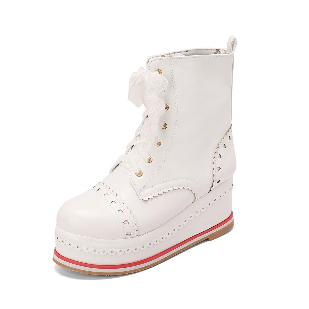 Lolita Style Sweet Girls Shoes Lace Up Platform Hidden Heels Wedges Princess Shoes Women Brock Ankle Boots Pink Plus Size 34-48