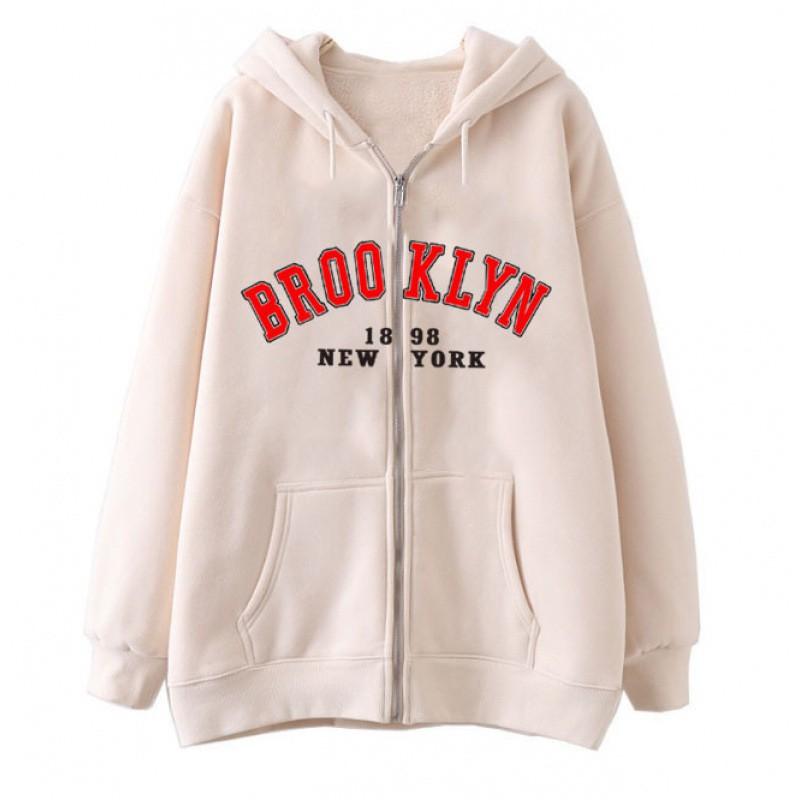 Zip-Up Hooded Sweatshirt Women Loose Fit Streetwear Geometric Print Cotton Long Sleeve Oversized Pullover