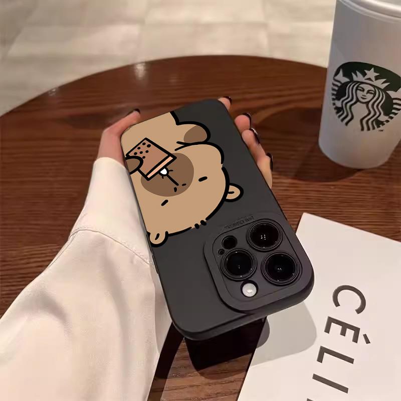 Cute Capybara Drinking Bubble Tea Art Phone Case for iPhone 17 16 15 14 13 12 11 Series Pro Max Plus Double Layer Protection