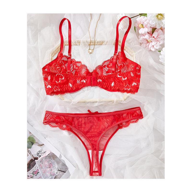 Ультратонкий вышитый бюстгальтер в форме красного сердца демонстрирует большую грудь, тонкий комплект, ярко-красное кружевное сексуальное нижнее белье