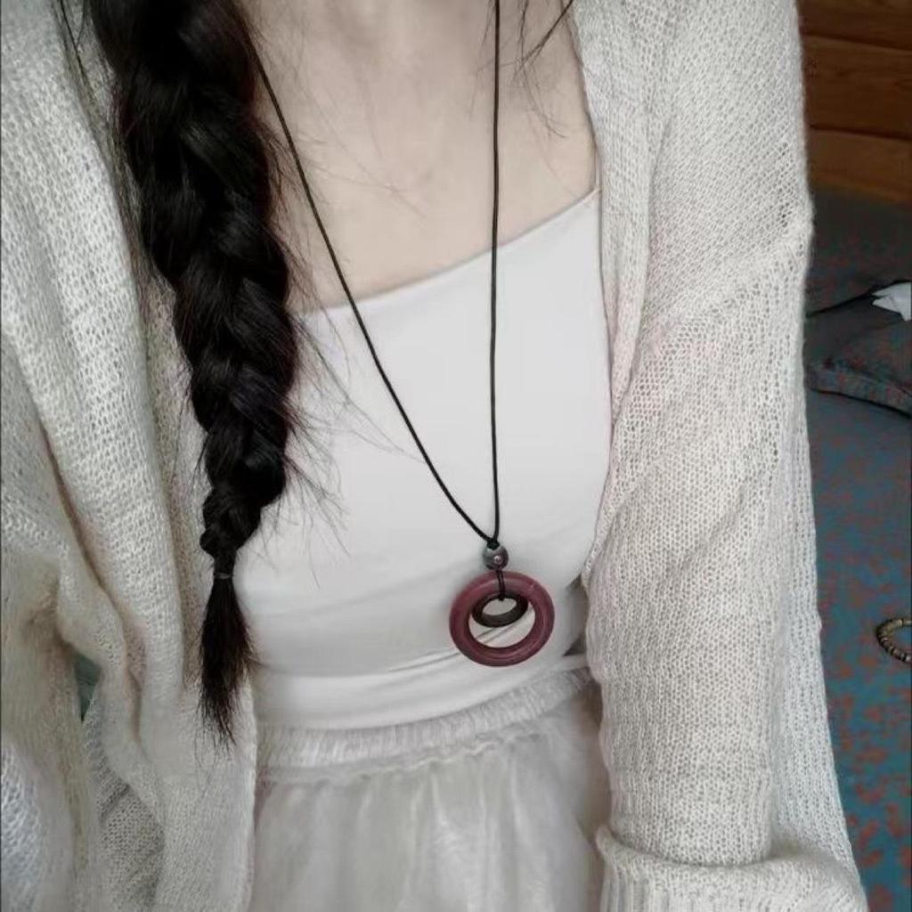 Этническое деревянное ожерелье в стиле Мори: Креативная деревянная цепочка для свитера с кольцами и кругами для женщин