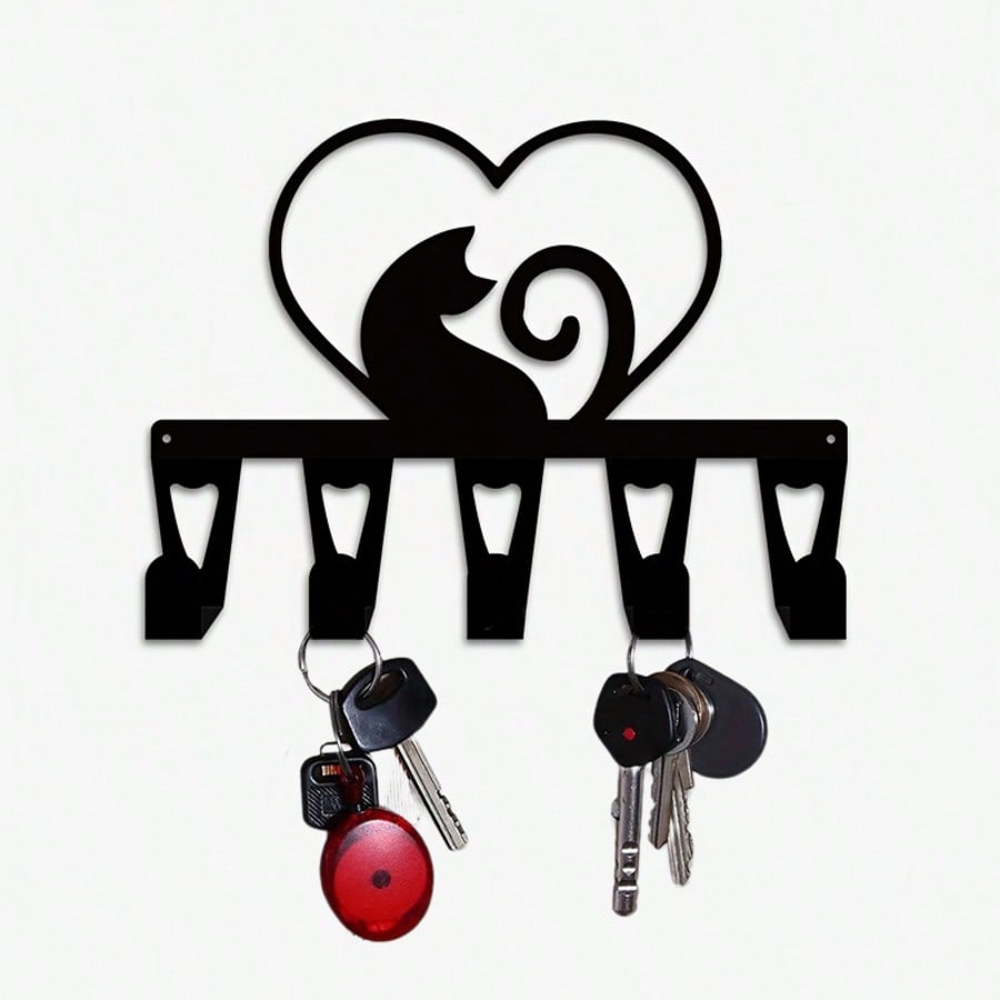 Современный Металлический Настенный Держатель для Ключей в Форме Сердца Кошки 5 Крючков Минималистичный Декор для Прихожей