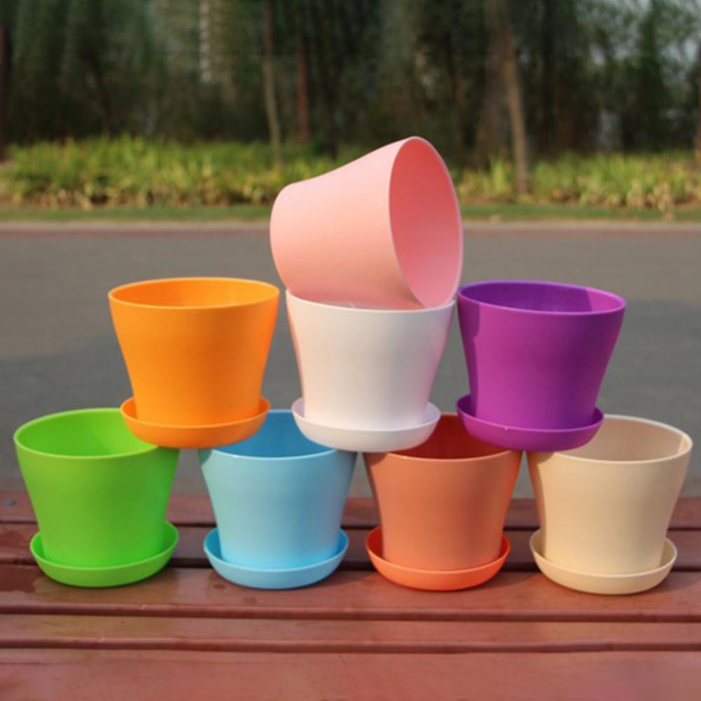 2Pcs Flower Pot Colorful Round Large Mouth PP Drainage Holes Plant Container With Saucer Lightweight Thick Nursery Pot