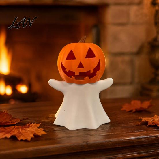 Desktop Ghost Figurine Halloween Pumpkin Candle Holder, Decorative LED Electronic Creative Holiday Props Stand, 3D Printed Ornament for Party
