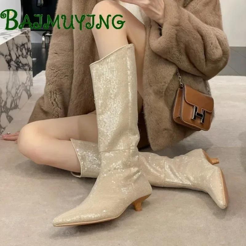 Блестящие туфли на низком каблуке женские роскошные высокие сапоги с острым носком платье сексуальные туфли-лодочки 2025 тренд зимние снежные ботинки женские готические вечерние туфли-лодочки