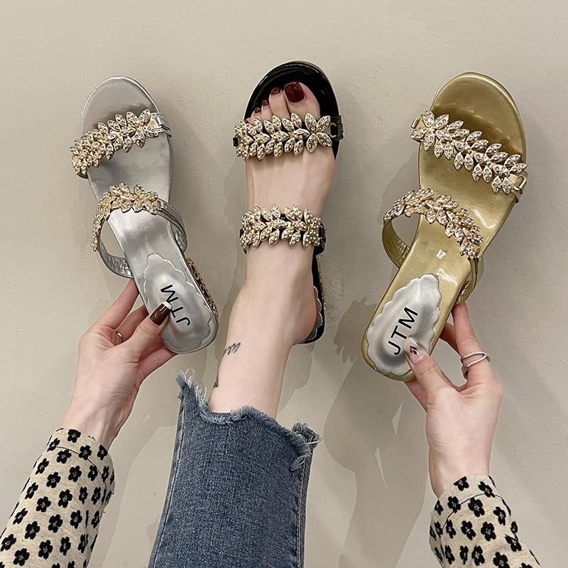 2024 Summer Fashion Women's Sandals Color Water Drill Slippers  Woman Strange Heel Large Size 40 41 Female Hollow Out Flip Flops