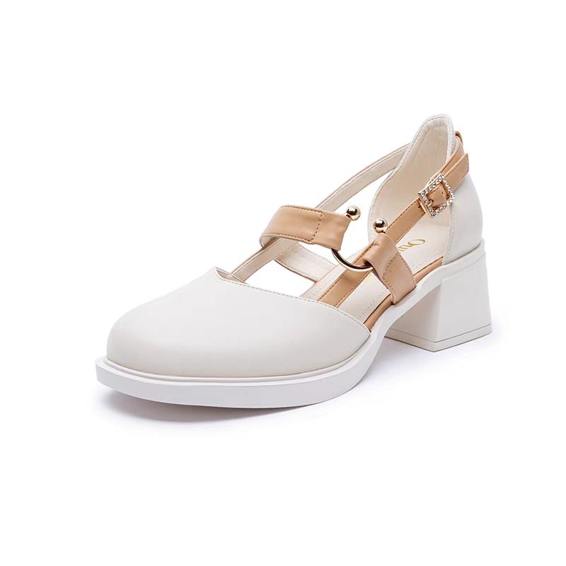 Thick with Summer Leather Shoes Female Sweet Temperament High with Round Head Sandals Female