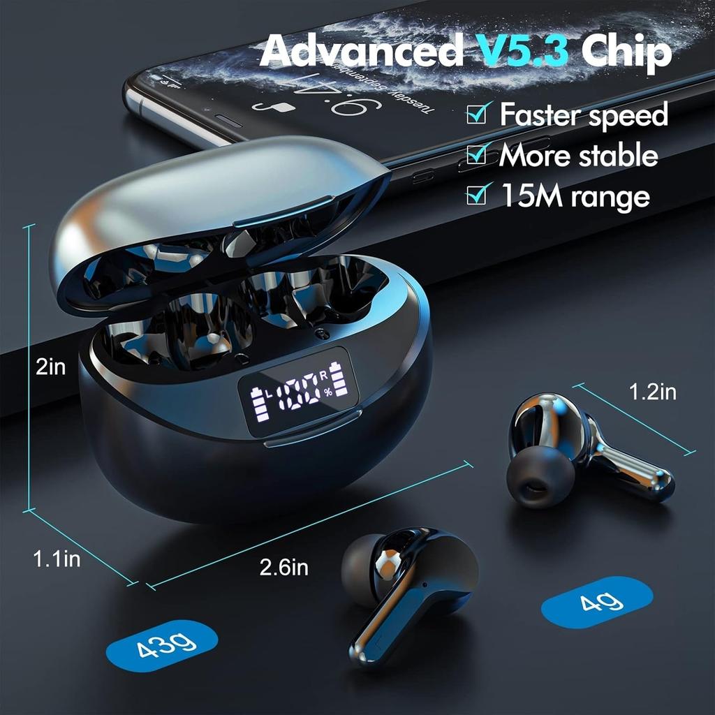 Беспроводные наушники Bluetooth 5.3, наушники с воспроизведением 50 часов, водонепроницаемые наушники IPX7, HD-микрофон, светодиодный дисплей, наушники для iPhone и Android