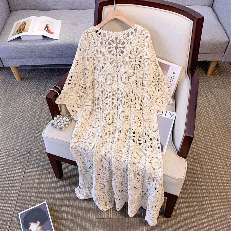 DIMANAF 2024 Новое летнее женское длинное трикотажное платье с рукавами Базовые кружевные платья Повседневные свободные белые