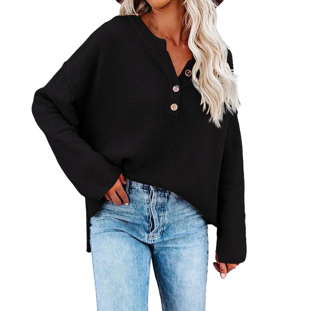Женская мода, повседневный однотонный свободный вязаный пуловер с круглым вырезом и пуговицами, топ