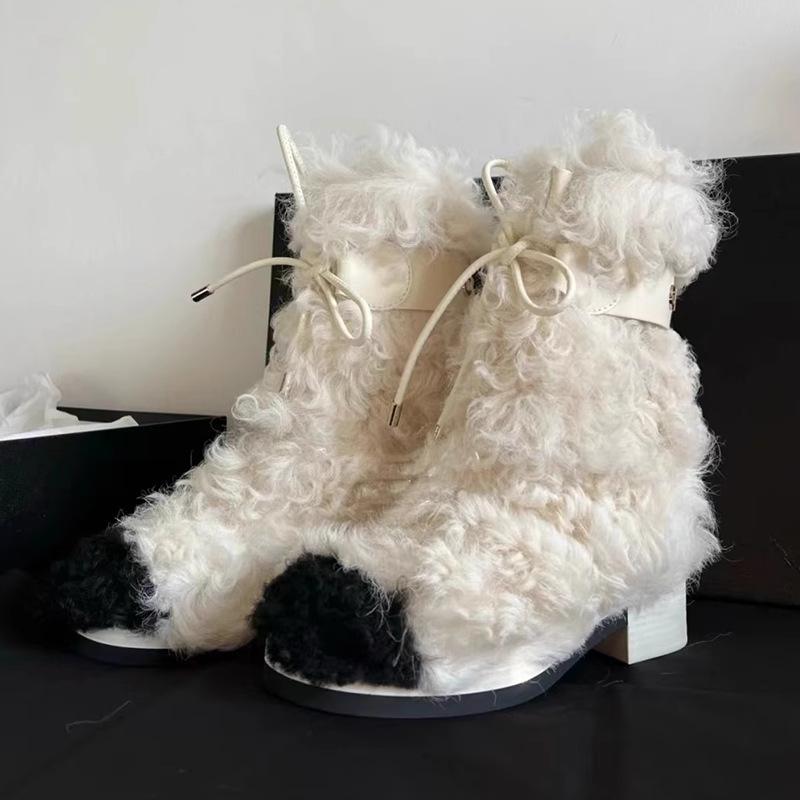 Winter Rabbit Fur Long Boots for Women Brand Design Luxury Warm Fluffy Fur Ski Boots Female Platform Lace-up Leather Boots