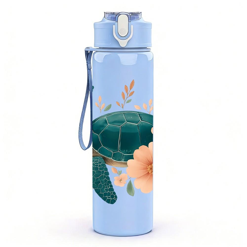 1PC Floral Sea Turtle Print 750ml Color Plastic Sports Water Bottle Leakproof Flip Straw Lid Suitable for Sports Office Home Use
