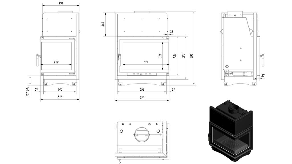 Corner Water Fireplace KRATKI ZUZIA RIGHT 12 kW FI200 + Accessories