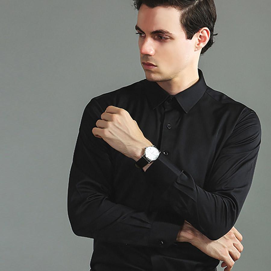 Эластичная негладильная мужская рубашка с длинным рукавом, однотонная мерсеризованная вертикальная мужская рубашка большого размера, белый, черный, синий топ