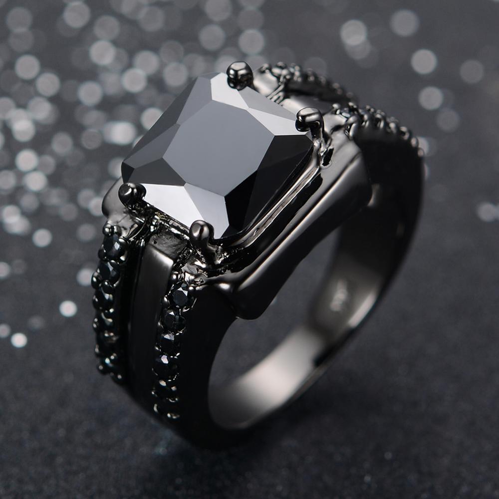 Vintage Male Female Crystal Green Ring Charm Black Gold Wedding Rings Punk Square Zircon Engagement Rings For Men Women