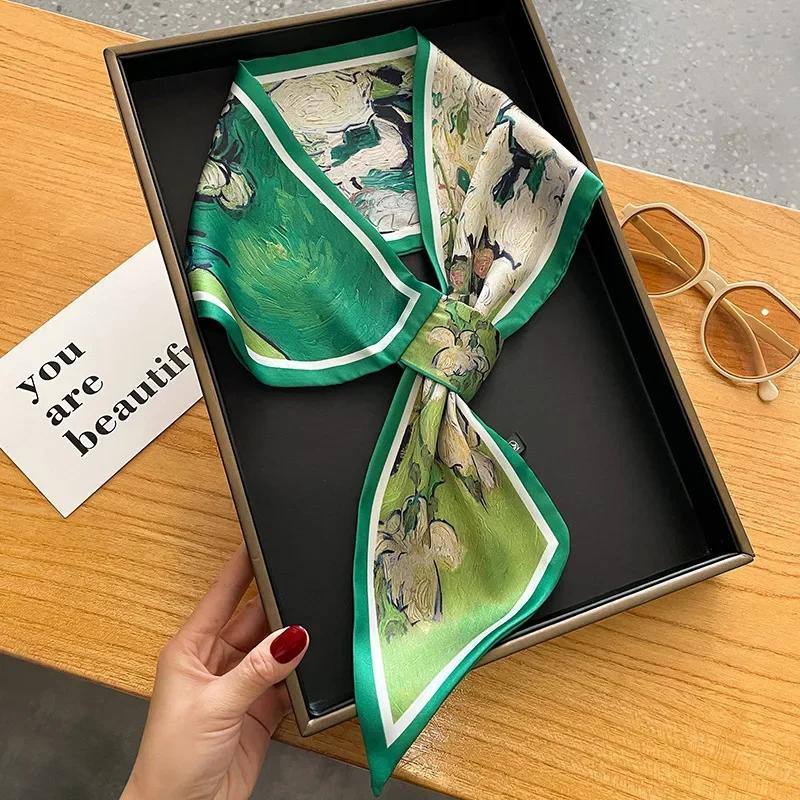 New Oil Painting Hair Ribbon Scarf For Women Silk Scrunchies Hair Bands Neck Tie Skinny Bag Scarfs Bandana Accessories Headware