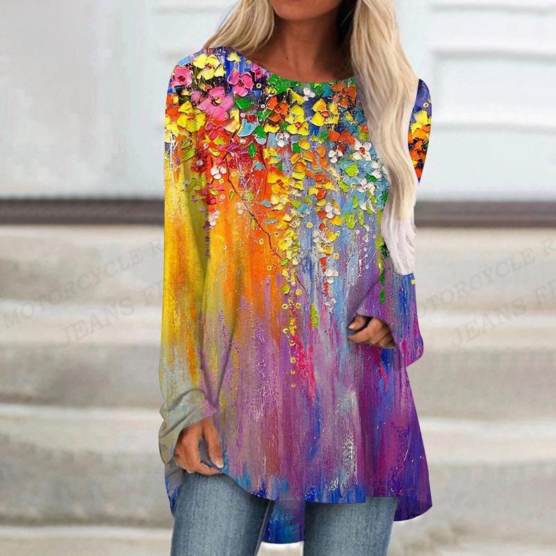 2023 Women's T-shirt Abstract Painting Print Tshirt Women Fashion T-shirt Plant Flowers T Shirt Long Sleeve Tops Tees Butterfly