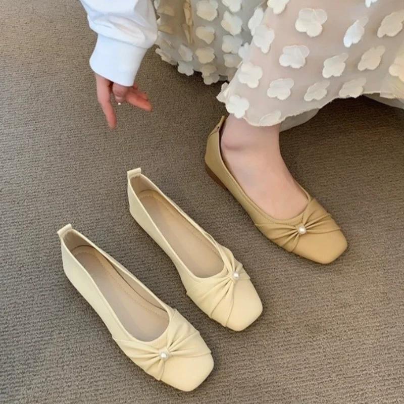 Мода 2025 Женские Новые Мэри Джейн на Плоской Подошве Французские Элегантные и Удобные Одинарные Туфли с Жемчужным Бантом